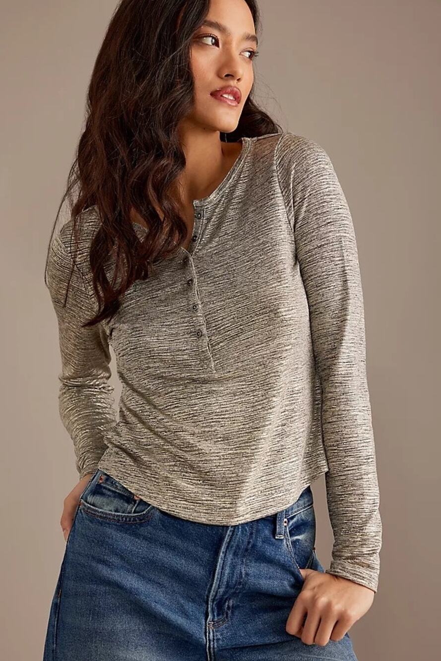 ANTHROPOLOGIE | Pilcro Andie Ribbed Henley Top Gray Metallic Long Sleeve Small